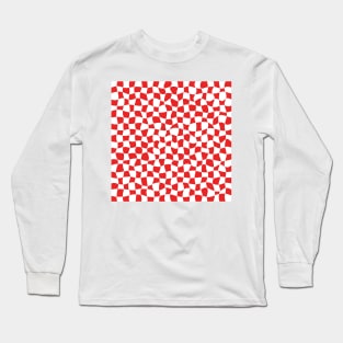Warped Checkerboard, White and Red Long Sleeve T-Shirt